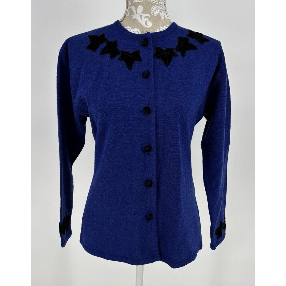 Vintage 80s Warren Knits Marisa Christina Royal Blue Velvet Leaf Cardigan Sz 8